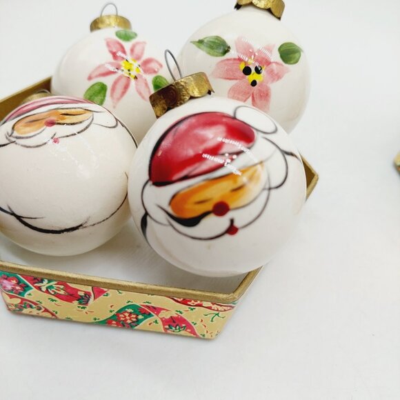 Ceramic Christmas Ornament Round 2" Santa & Floral Set Of 4 White 1991 - Picture 3 of 9